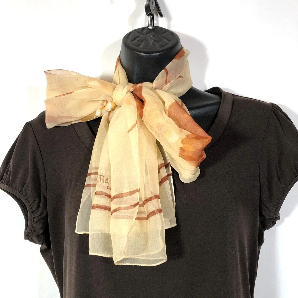 Regina Schrecker Rectangle Scarf Floral Tan Brown Sheer Vintage Retro Italian